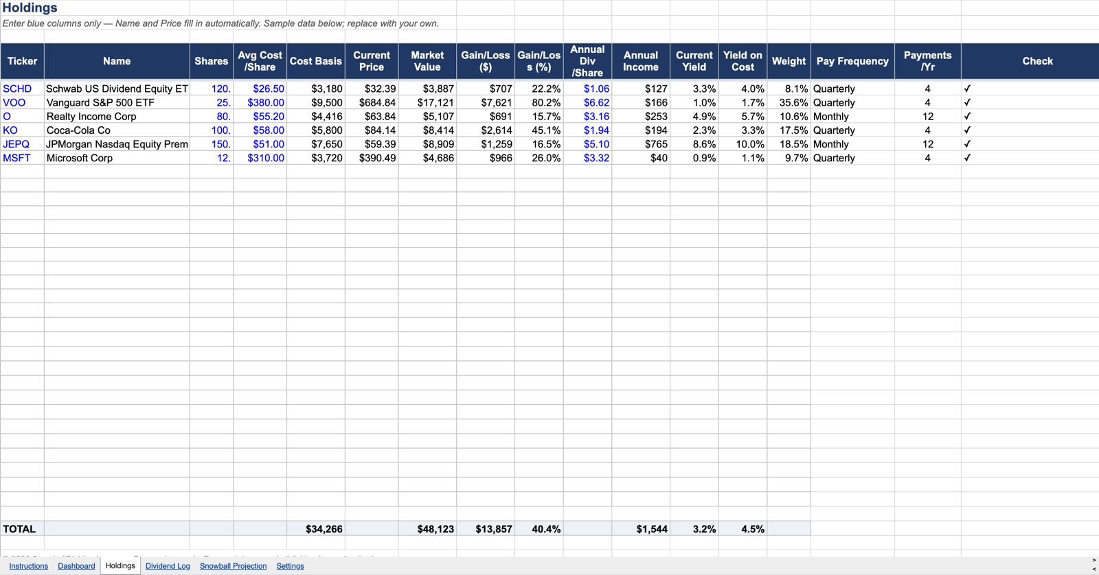Holdings tab with sample positions — SCHD, VOO, Realty Income, Coca-Cola, JEPQ, Microsoft — showing cost basis, gains, yield, yield on cost, weight, and a check column